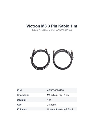 Victron Energy M8 Dairesel Konnektörlü Erkek/dişi 3 Pin Bms Kablosu 1 M, 2'li Paket Ass030560100