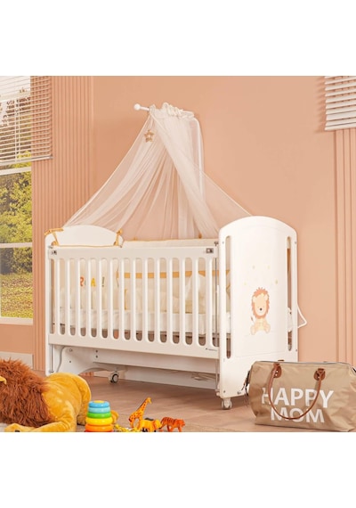 Meltem Kids Sweet Lion Anne Yanı Ahşap Sallanır Beşik 60x120 Cm Beyaz-lion Beyaz