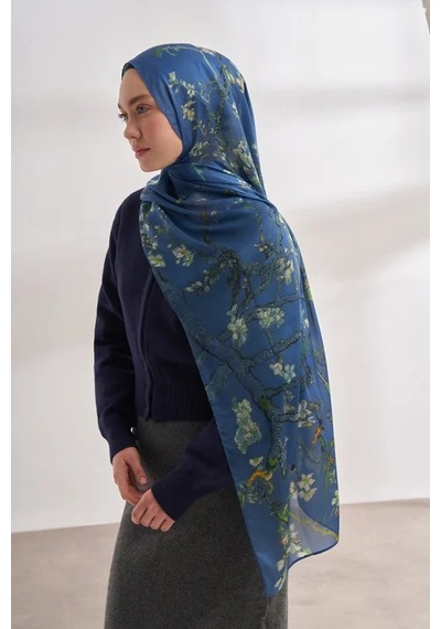 Armanda İthal Vual Almond Blossom Desen Şal -4464 - 70 X 180 / İndigo - 520 İndigo - 520