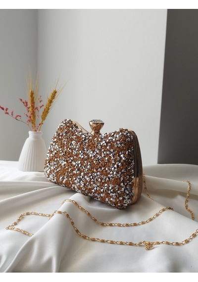 Vivazzaluxe Kristal Taşlı Kadın Abiye, Clutch Çanta Bronz
