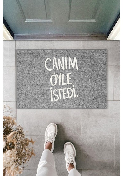Rugmood Modern Dijital Baskı Paspas - Canım Öyle İstedi - Kapı Önü Paspası Gri