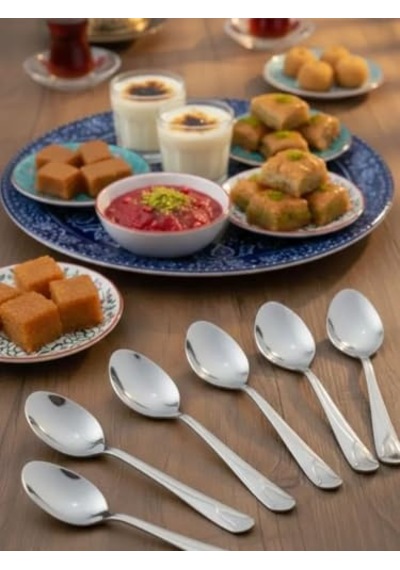 Paslanmaz Çelik Tatlı Kaşığı Seti, 6 Kişilik, Modern Tasarım, Kahve Ve Tatlı Sunumları İçin Sofra Kaşığı Çok Renkli