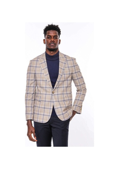 Wessi Ekose Desenli Slim Fit Kahverengi Mavi Erkek Ceket - Wessi Kahverengi - Mavi