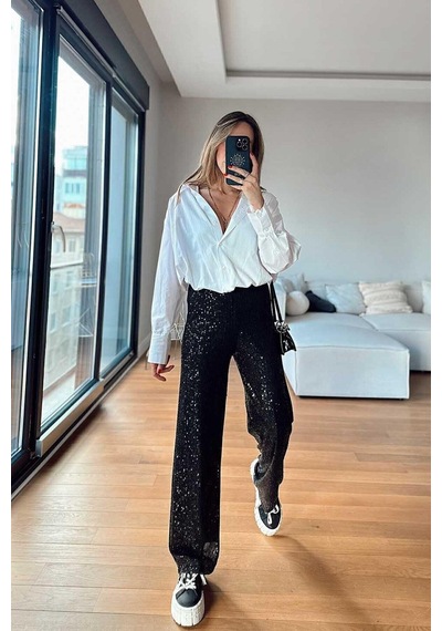 Unika Boutique Kadın Beli Lastikli Ve Pul Payetli Tasarım Bol Pantolon siyah