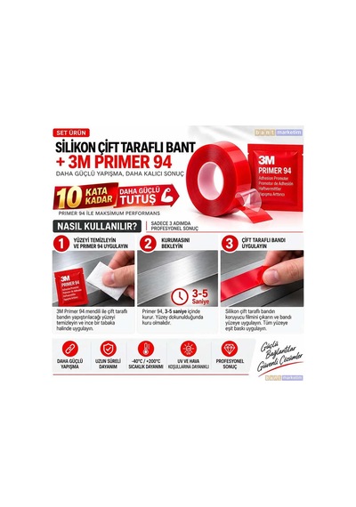 Silikon Çift Taraflı Bant 9mm X 5m + 3m Primer 94 Yapışma Güçlendirici Set Bant Marketim