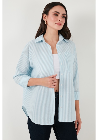 Lela Regular Fit Uzun Kollu Cepli Çizgili Bayan Gömlek 6772895 Bebe Mavi