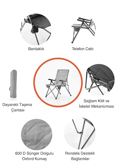 3 Kademe Yatabilen Sırtlı, Katlanabilir, Sünger Takviyeli 150 Kg
