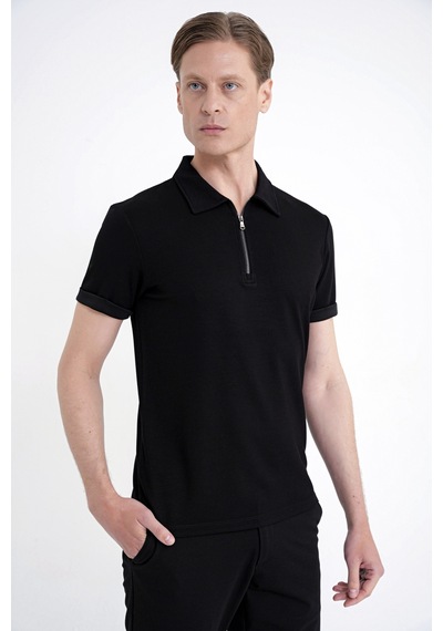 Efor Slim Fit Esnek Pamuklu Fermuarlı Siyah Polo Yaka Tişört Ts 926