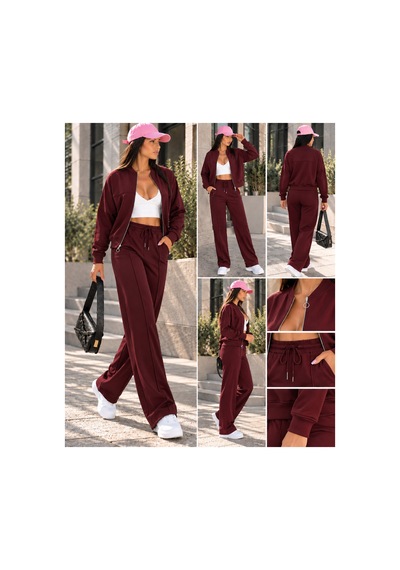 Gugus Kadın Fermuarlı Kolej Yaka Aysho Model Bol Paça Wide Leg Eşofman Takımı Bordo