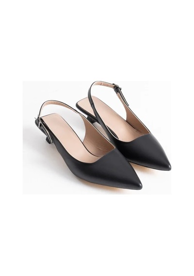 Alfaze Siyah Cilt Sivri Burun Kısa İnce Topuklu Slingback Ayakkabı Topuk Boyu 5 Cm