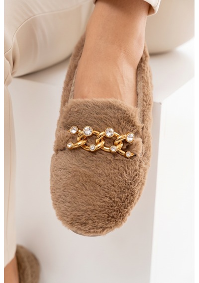 Nmoda Kadın Peluş Panduf Gold Zincir Taşlı Aksesuarlı Kapalı Loafer Yumuşak Tabanlı Kışlık Rahat Babet Vizon