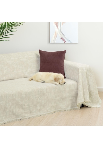 Purecot Premium Pamuklu Püsküllü Koltuk Örtüsü 180x220 Çift Taraflı Terletmez Kaymaz , Krem krem