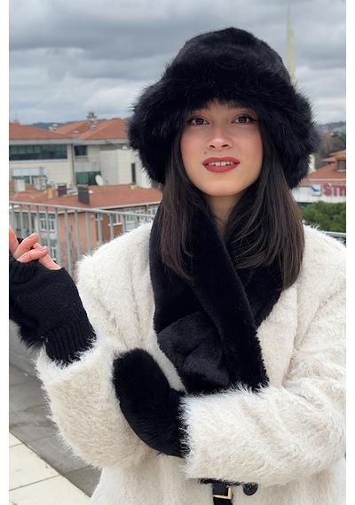 Mollycrush Kadın Peluş Kürk Kışlık Şapka Boyunluk Eldiven Seti 3 Lü Soft Takım Siyah