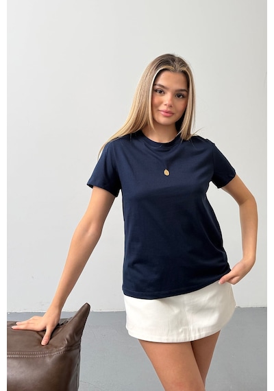Giysa Kadın Lale Aksesuarlı Pamuklu T-shirt Lacivert - 26y 26516