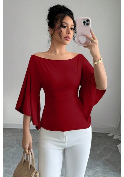 Kadın Beyaz Kayık Yaka Flare Kol Drapeli Fit Bluz Bordo