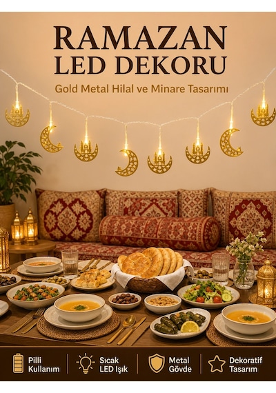 Minareli Hilal Led Işık Gold Metal Gövdeli Pilli Ramazan Dekoru Çok Renkli 26876342