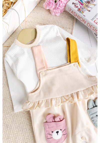 Baby Mod Tavşan Fiğürlü100% Pamuk Kız Bebek Salopet 2'li Tulum Krem