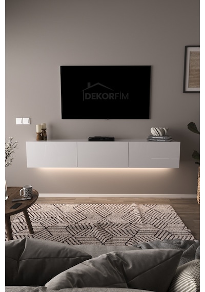 Df17103 Dolaplı Duvara Monte Tv Ünitesi 180 Cm Modern Askılı Dekoratif Stil Tv Sehpası Beyaz