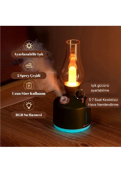 IŞIKLI ŞARJLI RETRO BUHAR MAKİNASI HAVA NEMLENDİRİCİ LED LAMBA USB İLE ŞARJ EDİLEBİLİR