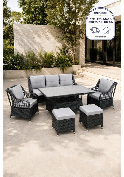 Niron Leo 3'lü Rattan Bahçe Oturma Grubu - Antrasit Temperli Cam Set 3+1+1+2 Puf