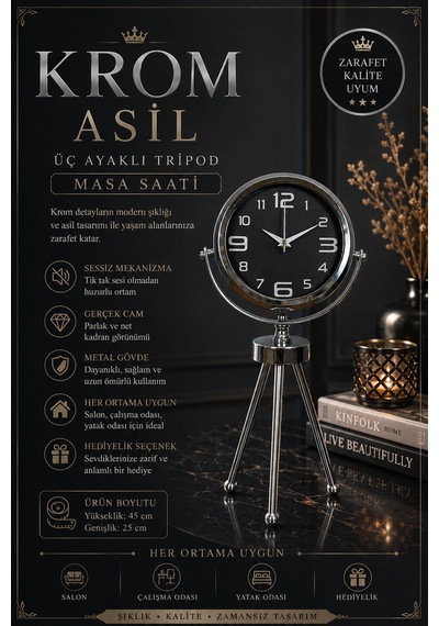 Krom Asil Üç Ayaklı Metal Masa Saati