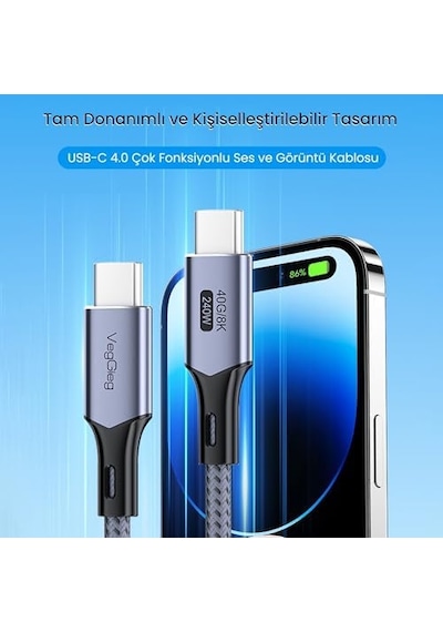 Usb 4.0 E-mark 240w 40gbps Thunderbolt 4 8k 60hz Type-c Görüntü Hızlı Şarj Ve Data Kablosu 1 Metre