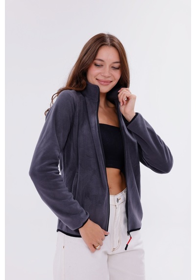Monox Kadın Slim Fit Tam Fermuarlı Polar Ceket Füme