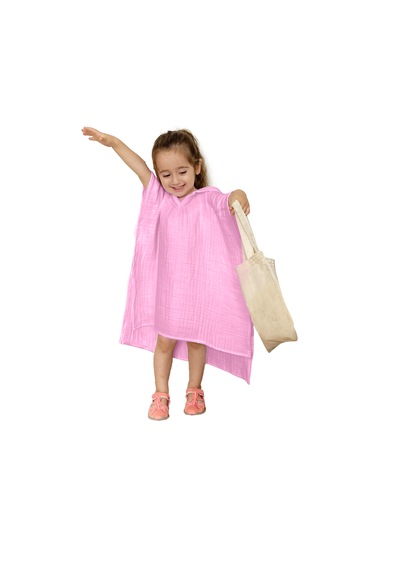 Organik Muslin Bebek Çocuk Kapüşon Plaj Panço Banyo Havlu Pembe