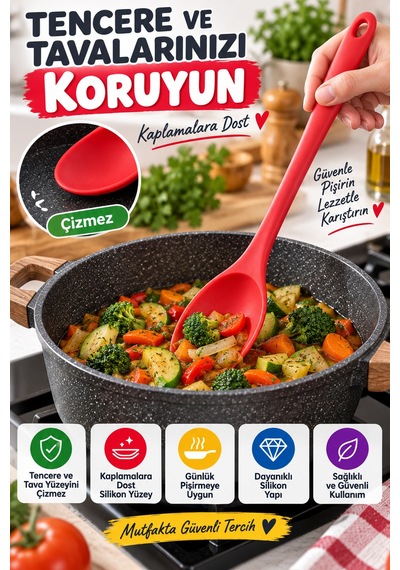 7'li Set Büyük Boy Silikon Kaşık 27 Cm Renkli Yanmaz Mutfak Yemek Pişirme Ve Servis Kaşığı Seti