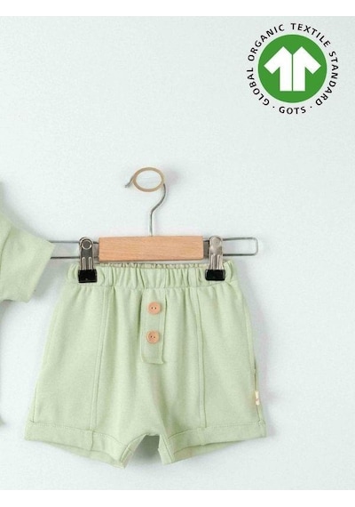 Zekids Bebek Organik Pamuklu Basic Kapüşonlu Tshirt Şortlu Takım-15908 Yesil