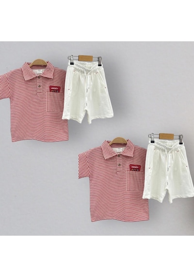 Lolliboomkids Yeni Sezon Kımızı Çizgili Polo Yaka Tshirt Ekru Bermuda Şort Takım 2'li Set Beyaz - Kırmızı