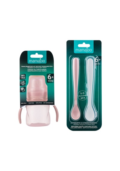 Mamajoo Antikolik Akıtmaz Alıştırma Bardağı 160 ml & İkili Ergonmik Beslenme Kaşığı - Powder Pink