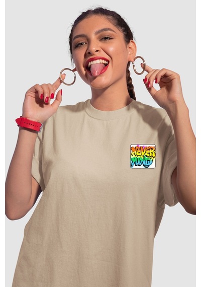Unisex Renkli Graffiti Baskılı Oversize Beyaz T-shirt Bej