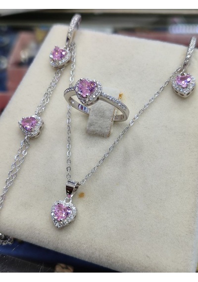 925 Ayar Gümüş Pembe Kalpli 4 'lü Gümüş Set, Kolye, Küpe, Yüzük V