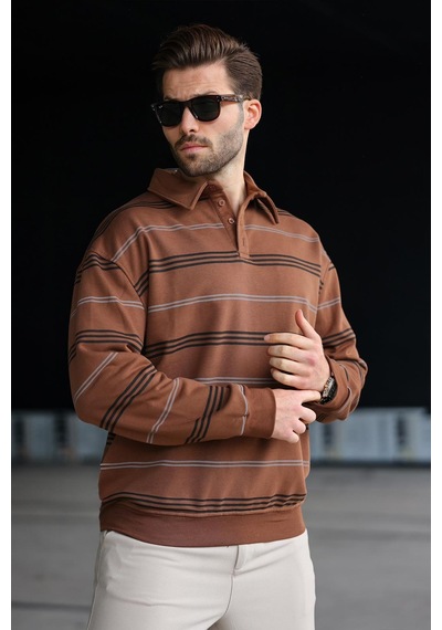 Madmext Kahverengi Çizgili Polo Yaka Erkek Sweatshirt E7172 Kahverengi