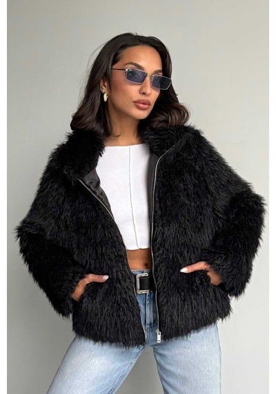Verymoda Yapay Kürk Kadın Ceket Fermuarlı, Yumuşak Dokulu Modern Kışlık Mont F2037 Siyah