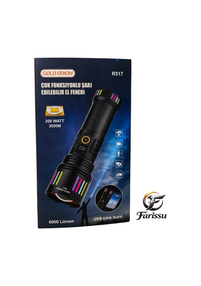 R517 200w Beyaz Lazer El Feneri + Yedek 9000mah Batarya Hediye - 6000 Lümen Siyah