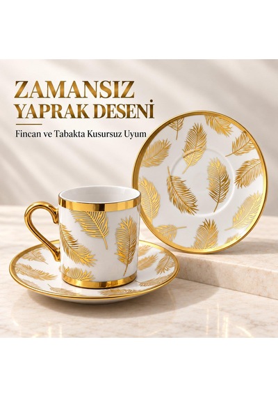 Valkyrie 12 Parça 6 Kişilik 80 Ml Türk Kahvesi Fincan Takımı Gold Yaprak Desenli K654-b