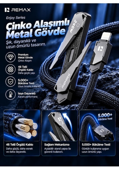 Remax Cb53-cl Enjoy Serisi 30w Pd Type-c To Lightning Telefon Standlı Hızlı Şarj Ve Data Kablosu 1.2 Metre Siyah