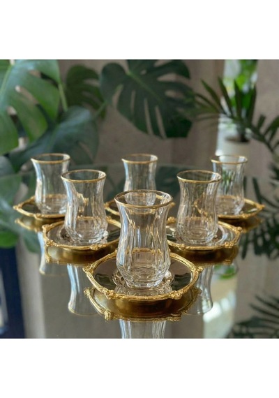 12 Parça 6 Kişilik Kristal Kesim Çay Takımı Cam Çay Bardağı Ve Tabak Seti Eco Gold