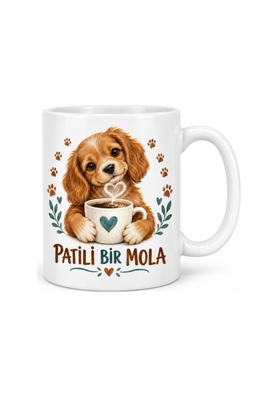 Patili Bir Mola Sevimli Köpek Ve Kahve Tasarımlı Porselen Kupa Diğer