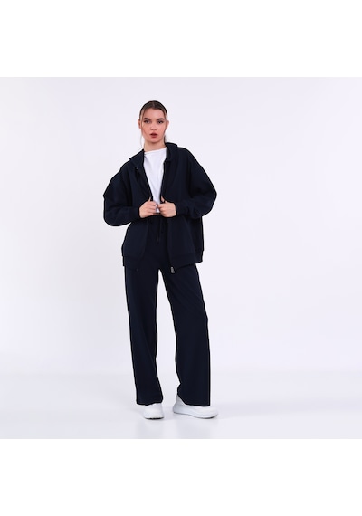 Mmetalic Kadın Lacivert Normal Kalıp Basic Beli Lastikli Kapüşonlu Oversize Mevsimlik Alt Üst Eşofman Takımı