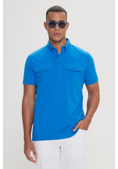 Erkek Saks Slim Fit Dar Kesim %100 Pamuk Polo Yaka Tişört Saks