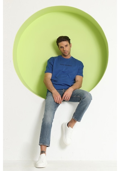 Erkek Polo Baskılı Oversize T-shirt Saks Saks Mavi