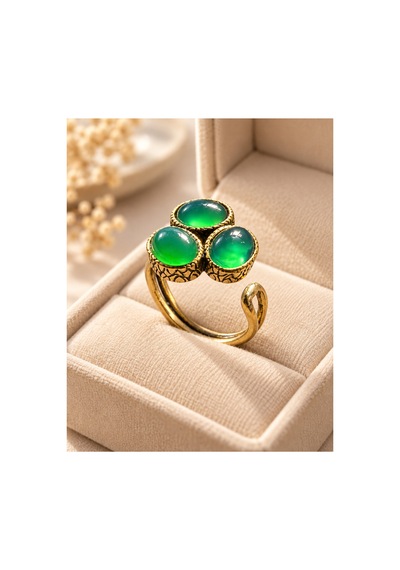 Esoo Jewelry Doğal Taş Detaylı 3 Taşlı Vintage Gold Ayarlanabilir Kadın Yüzük - Zümrüt Yeşili