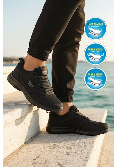 Walkway Siyah Fileli Hafif Esnek Büyük Numara Spor Ayakkabı 020 M