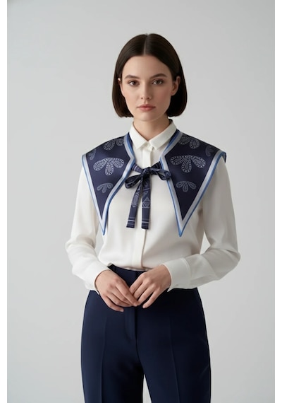Walkenzo Geometrik El İşi Desenli Zarif Ve Modern Stil Kadın Omuz Şalı Lacivert