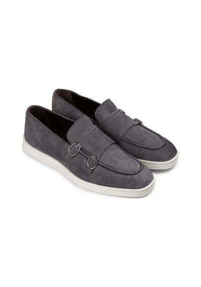Deery Hakiki Süet Gri Çift Tokalı Erkek Loafer Ayakkabı - 01966mgrıc01 Gri