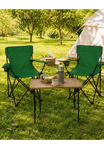 2 Sandalyeli Katlanır Kamp Masa Sandalye Seti 60x45 Cm 3 Parça Açık Yeşil