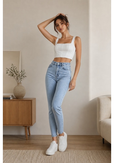 Woddi Kadın Jeans Buz Mavi Kar Yıkama Mom Jeans Yüksek Bel Denim Kot Pantolon Taş